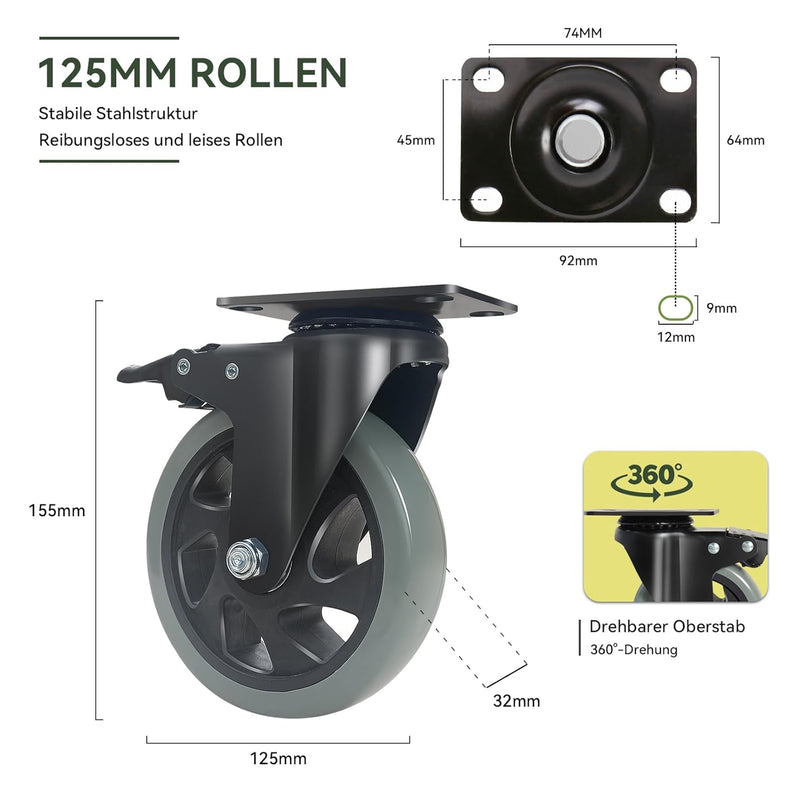BAOLIHUI 125mm Schwerlastrollen Graue 4er Set Möbelrollen Bis zu 800KG, 360 Grad Doppelverriegelung