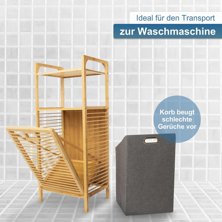 osoltus Edge Wäschesortierer - Bambus Bad-Regal mit ausklappbarem Wäschekorb - Wäsche-Schrank - Bad-