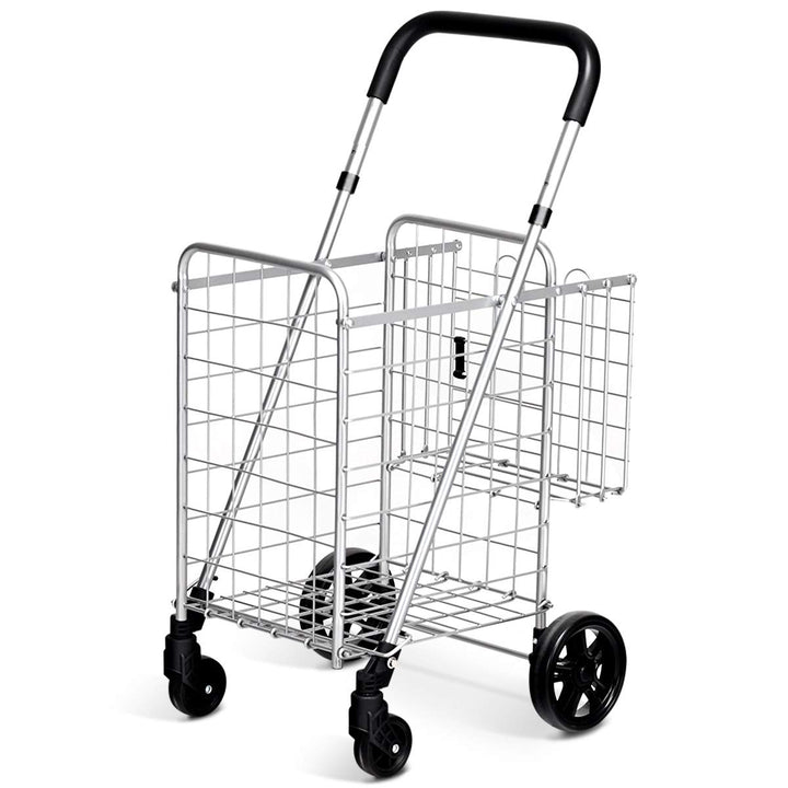 GOPLUS Klappbarer Einkaufswagen, Einkaufstrolley mit Verstellbarem Griff &amp; 4 Universalrädern, Rollwa