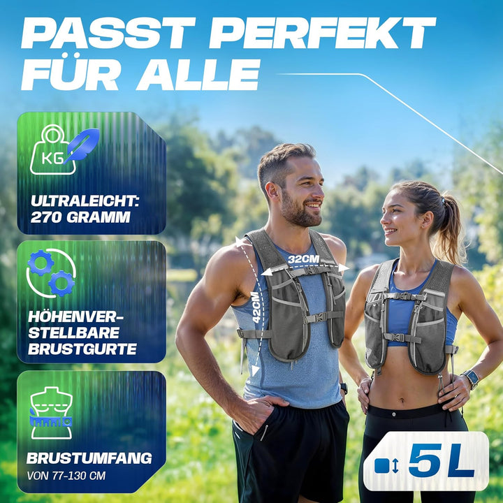 SASMO® Laufweste Damen &amp; Herren 5L / 2L | Running Vest - Ultraleicht &amp; atmungsaktiv| Laufrucksack Da