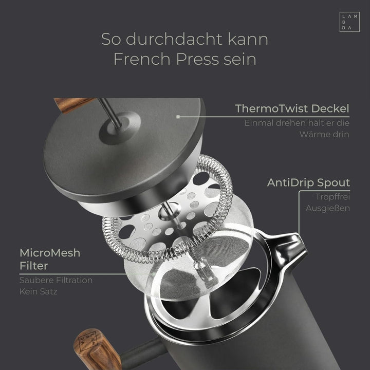 LAMBDA COFFEE® CALDERA Thermo French Press Edelstahl I 0,35 Liter - 1-2 Tassen in Moss Green Grün I