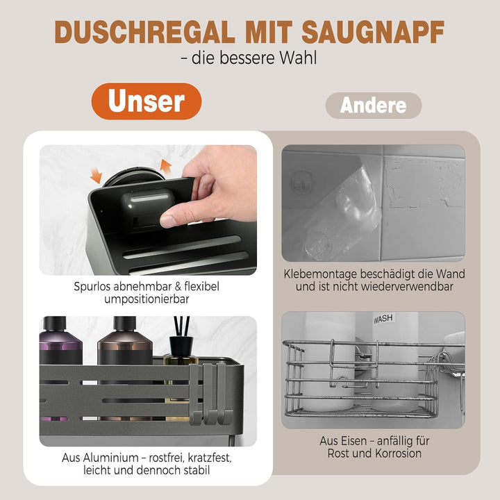 Lekesky Duschablage Ohne Bohren, Starke Saugnäpfe, Rostfreies Aluminium Badezimmer Regal & Organizer
