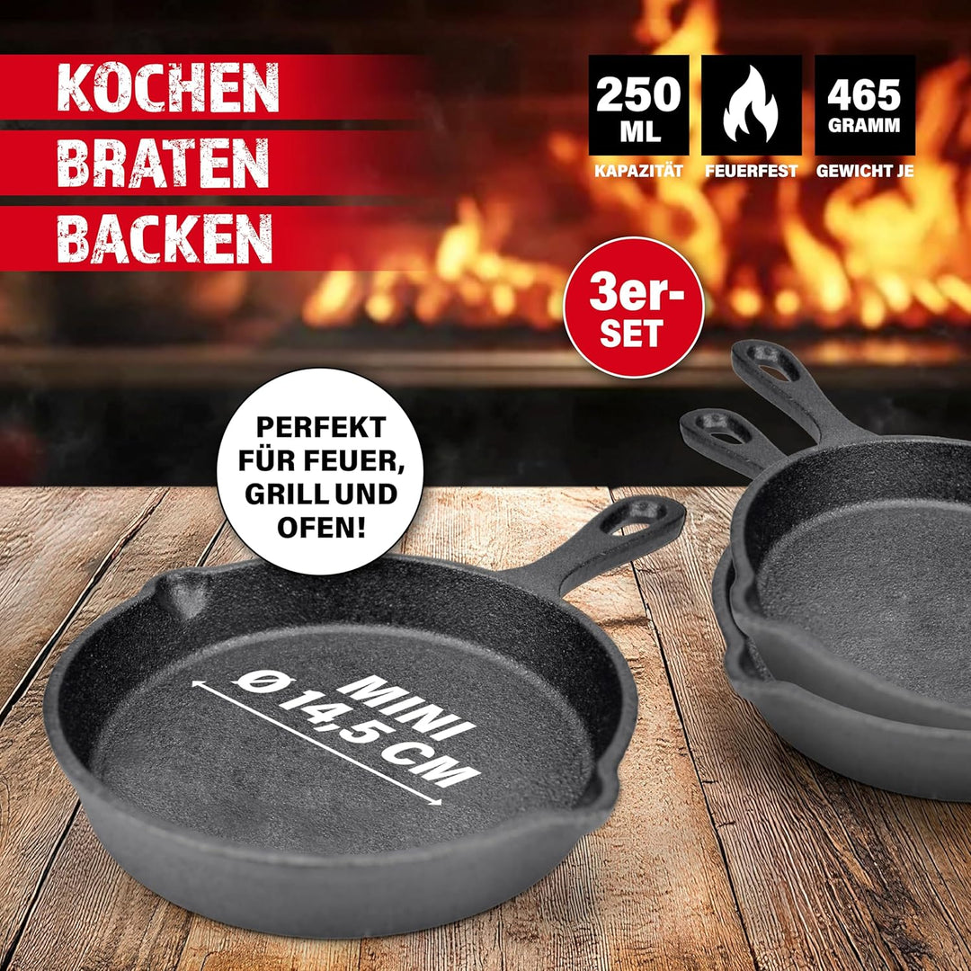 BBQBOSS Gusseisen Pfännchen [3er Set] Gusseisenpfanne – Grill Pfanne – Grillpfännchen – Ø14,5cm – je