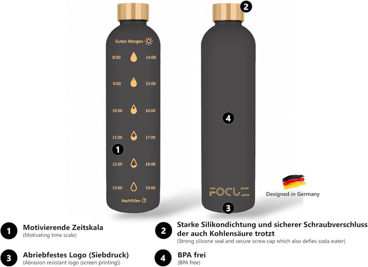 FOCUZ® Motivational Bottle 1 L [Schwarz] mit motivierender Zeitmarkierung, Trinkflasche 1l, 1 Liter
