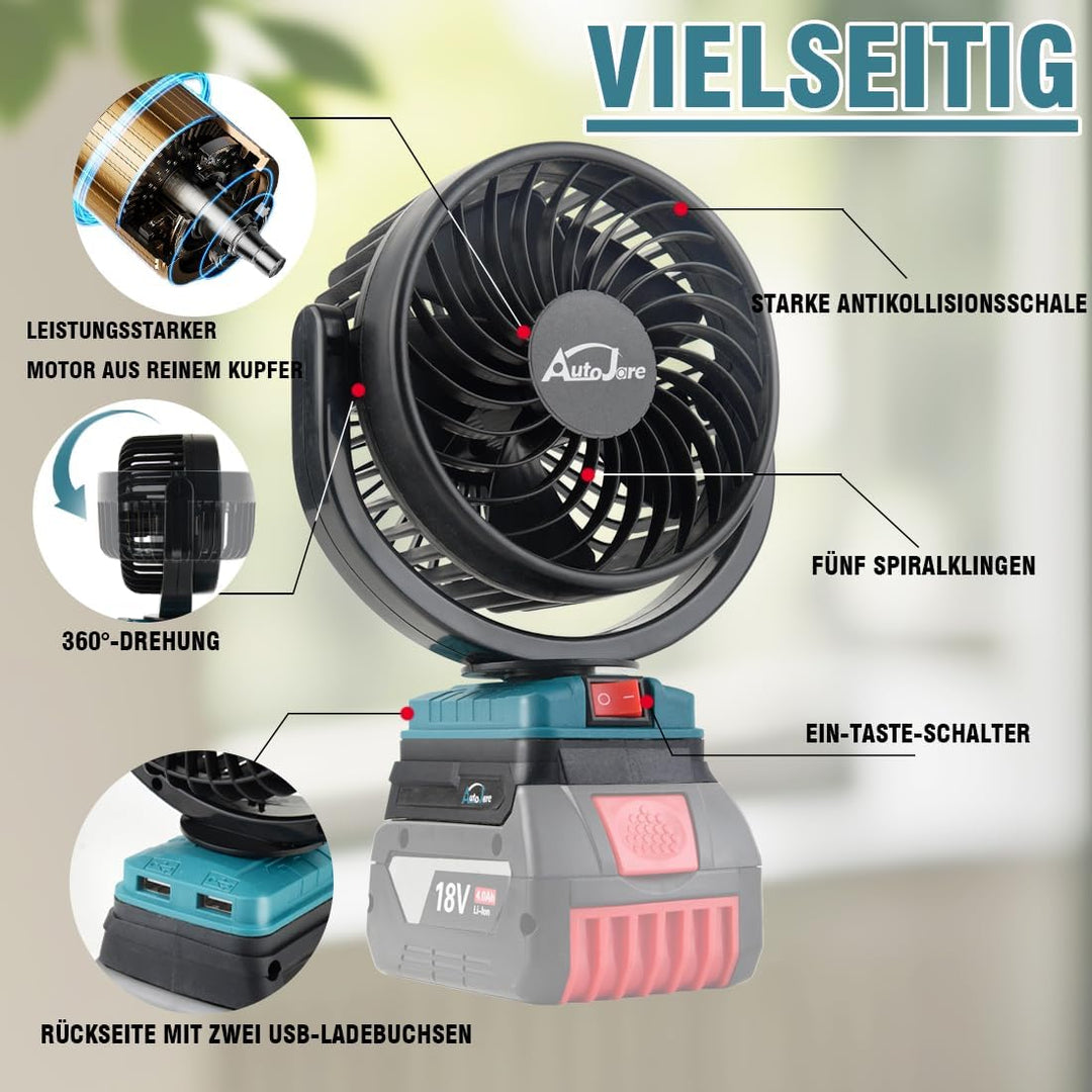 Akku-Lüfter Kompatibel mit Bosch 18V Mini Ventilator mit 2 USB-Aufladung 360° drehbar Tragbarer Lüft