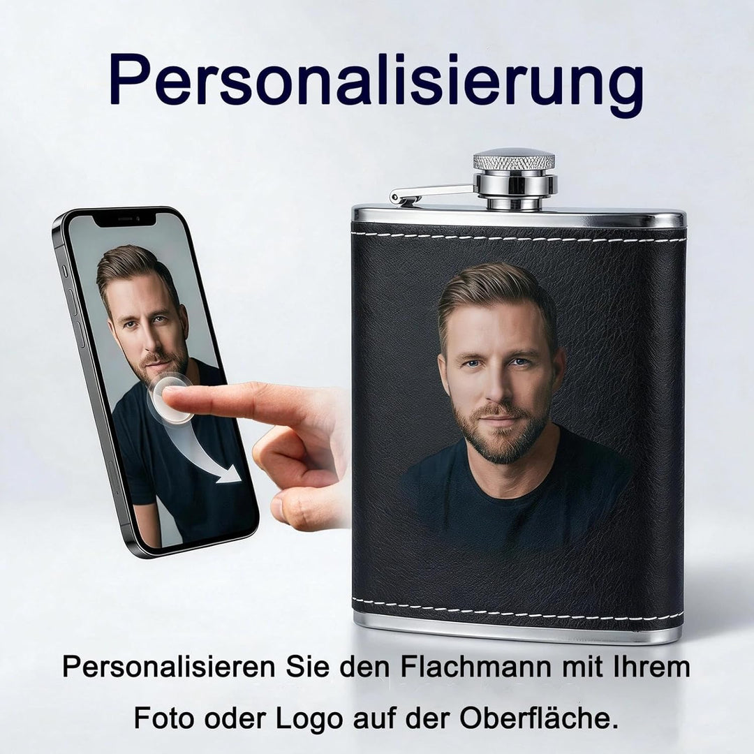 Personalisiert Flachmann mit Foto - Flachmann Kunstleder - Geeignet für Whiskey Rum und Wodka Partys