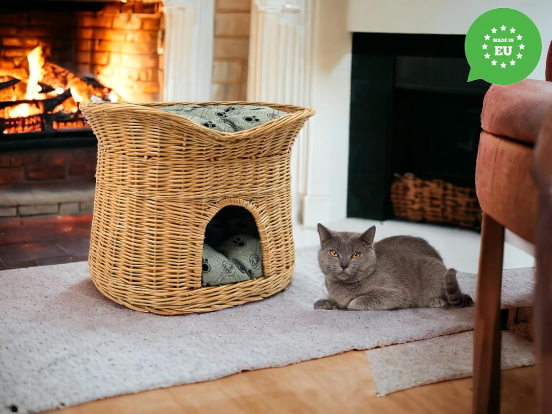 Katzenkorb zum Schlafen – Katzenhütte Indoor – Grösse L: 60 cm oval – Katzenhöhle aus Weide – Zweist