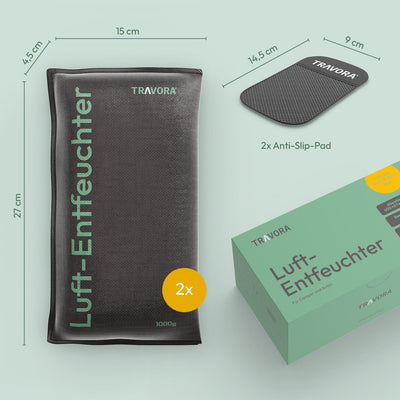 TRAVORA Luftentfeuchter Kissen 2x 1 kg mit Anti-Rutsch Pad - Entfeuchter - wiederverwendbar - Auto I