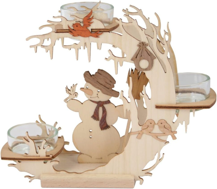 Kuhnert - hochwertiger Teelichtkranz Schneemann für 3 Teelichter - aus Edelholz - 17 x 20 x 5,5cm -