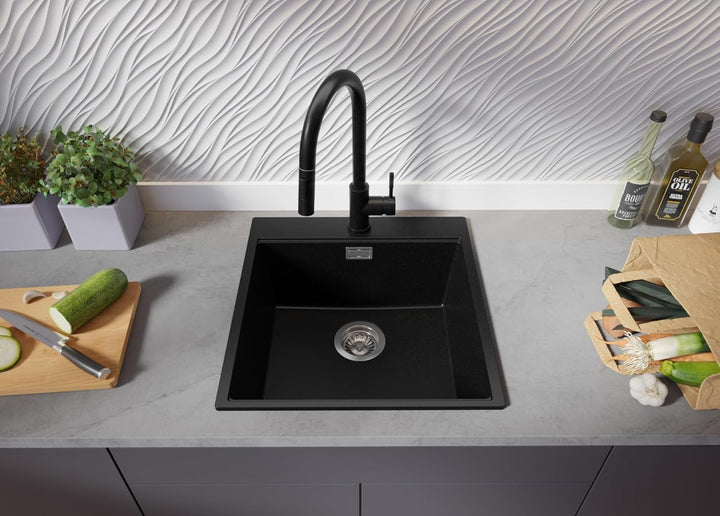PRIMAGRAN Spülbecken Schwarz 48x50cm, Granitspüle 1 Becken + Ablauf-Set, Küchenspüle ab 50er Untersc