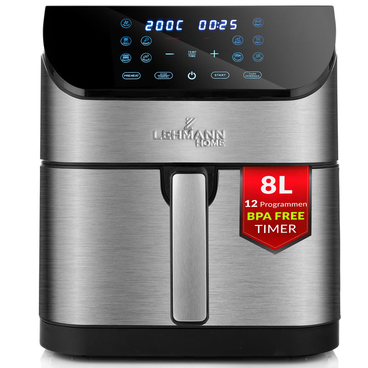 Lehmann Friteuse Heissluft XXL 1800 W, Heissluftfritteuse 8L mit bis zu 10 Programmen, Air Fryer mit