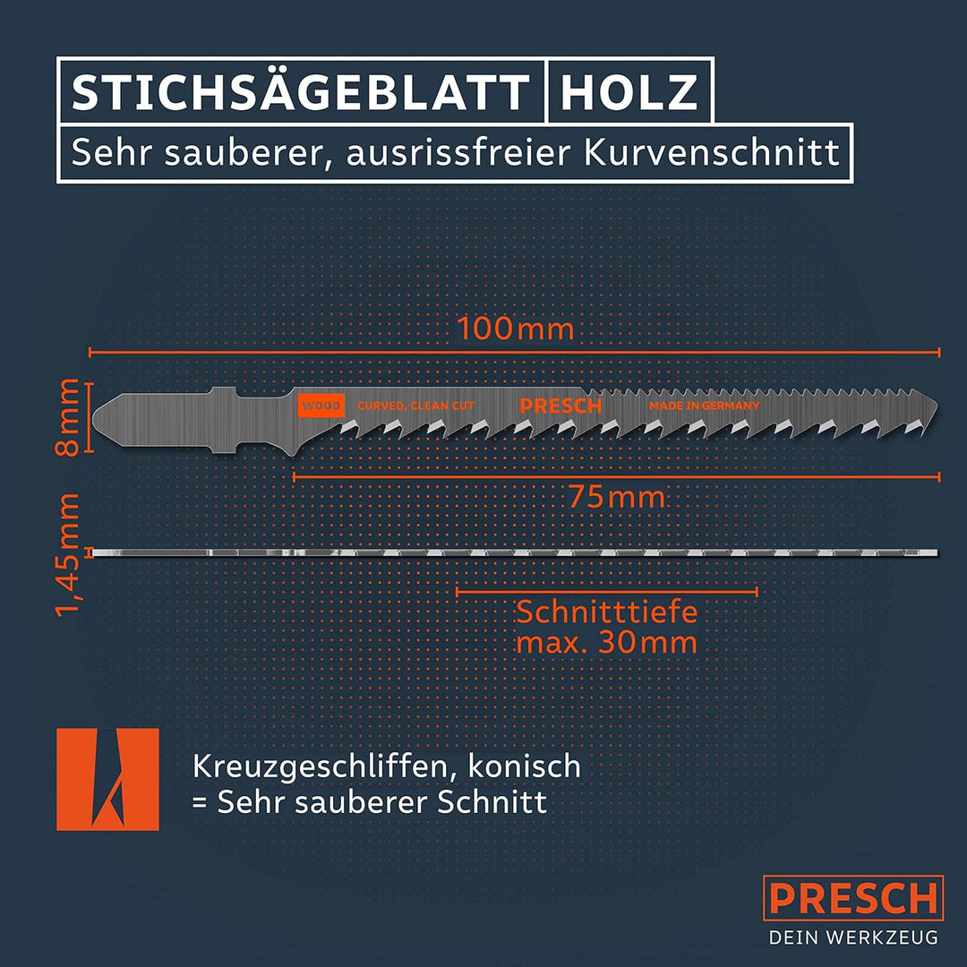 Presch Stichsägeblätter Holz 10 Stk. (Kurve) - Sehr sauberer Kurvenschnitt (4-30mm) - Stichsägeblatt