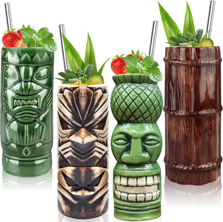 Tiki-Gläser für Cocktails, Tiki-Tassen, 4 Stück, grosse Keramik-Tiki-Becher, tropische Hawaii-Party,