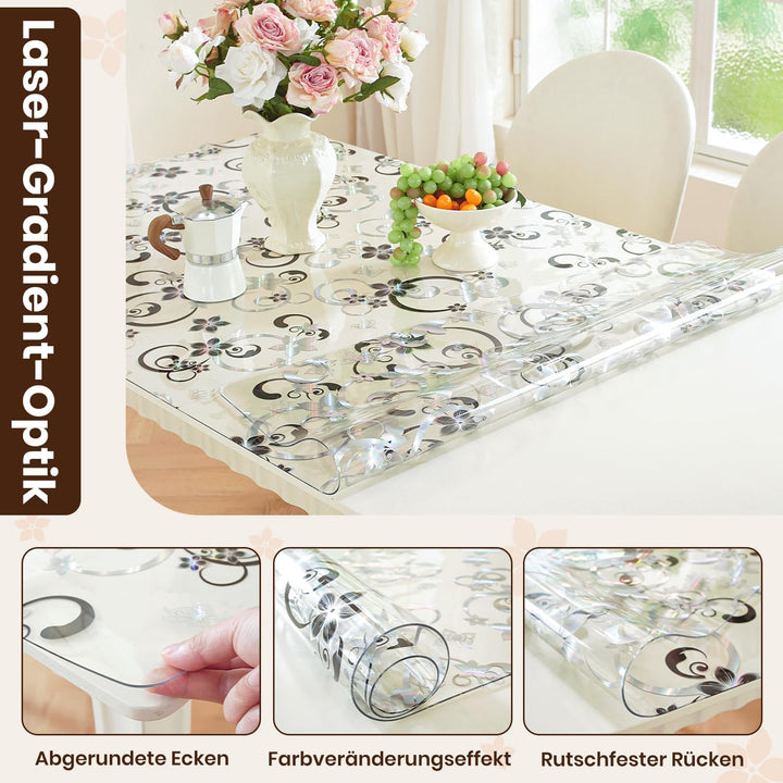 Tischfolie Transparent mit Blumenmuster 40 x 120 cm, 2mm Transparente Tischdecke Tischschutz, PVC Gl