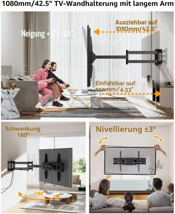 TV Wandhalterung mit 1080 mm Extra Langem Gelenkarm, Fernseher Halterung Schwenkbar für 50-100 Zoll