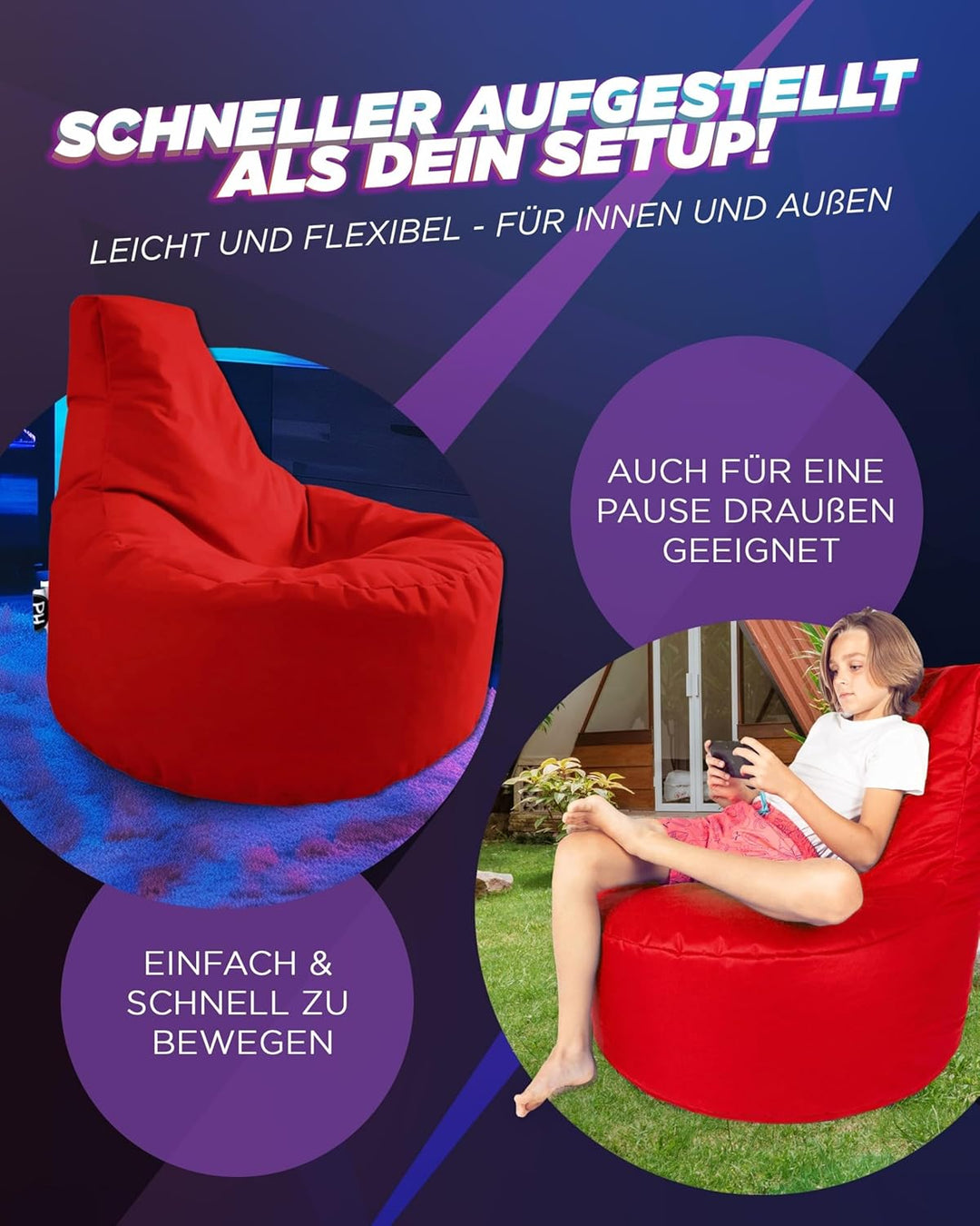 PATCH HOME Gamer Kissen & Lounge Sitzsack – befüllbar mit Reissverschluss, gefüllt mit Styropor, gee
