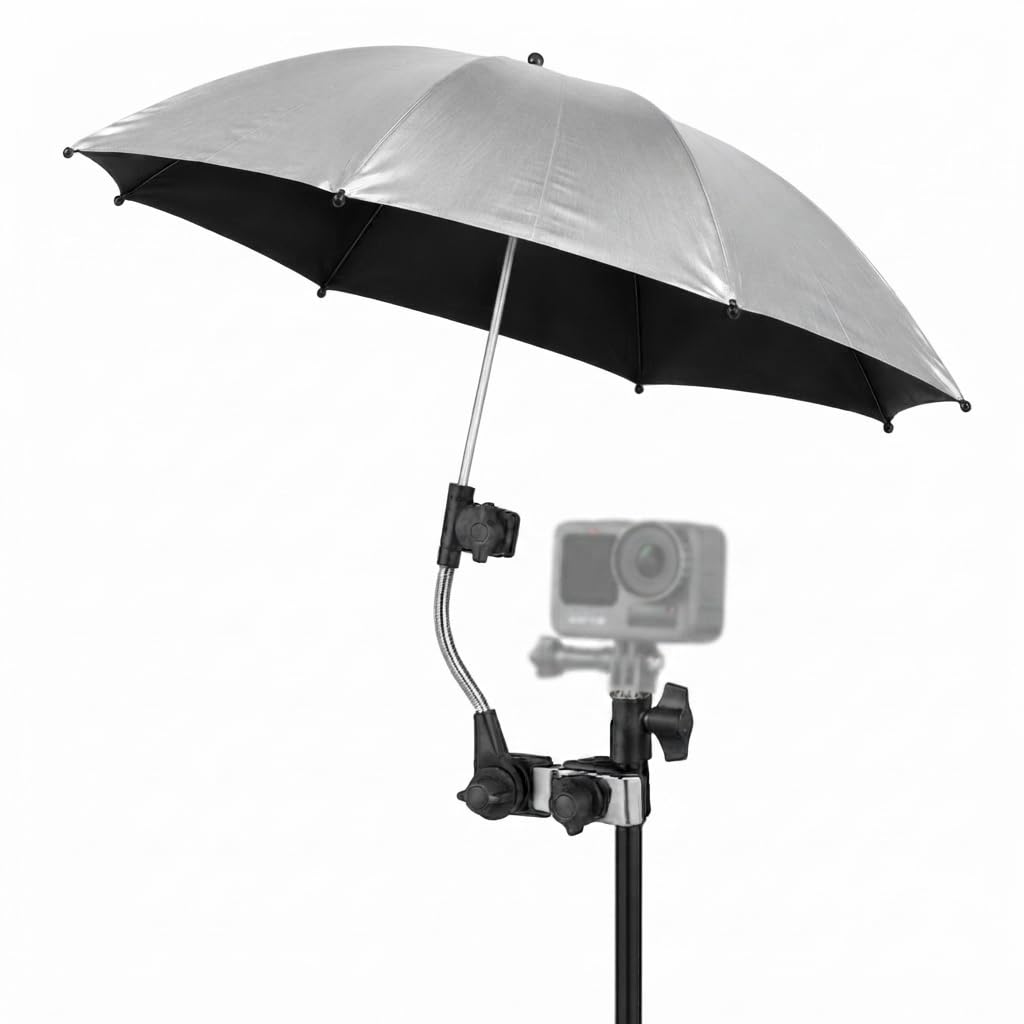 Kamera-Schirm mit Klemme, Sonnenschirm Kinderwagen UV Schutz UPF50+, Silber 65 cm Silver, 65 cm Silv