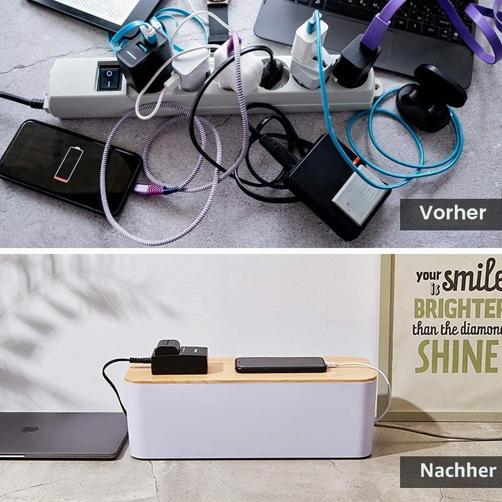 SENENQU 3er-Set Kabelbox Weiss, Grosse Kabel Organizer Box mit Holzdeckel für Kabel, Grosse und Klei
