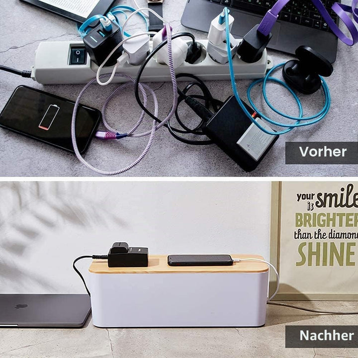 SENENQU 3er-Set Kabelbox Weiss, Grosse Kabel Organizer Box mit Holzdeckel für Kabel, Grosse und Klei