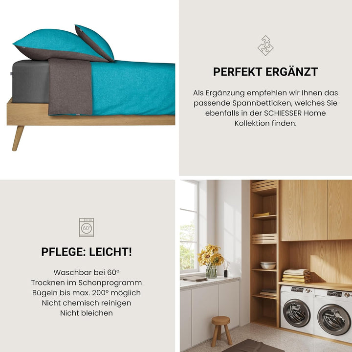 Schiesser Wendebettwäsche Doubleface Türkis-Anthrazit, 100% Baumwolle, Grösse:135 x 200 cm + 80 x 80