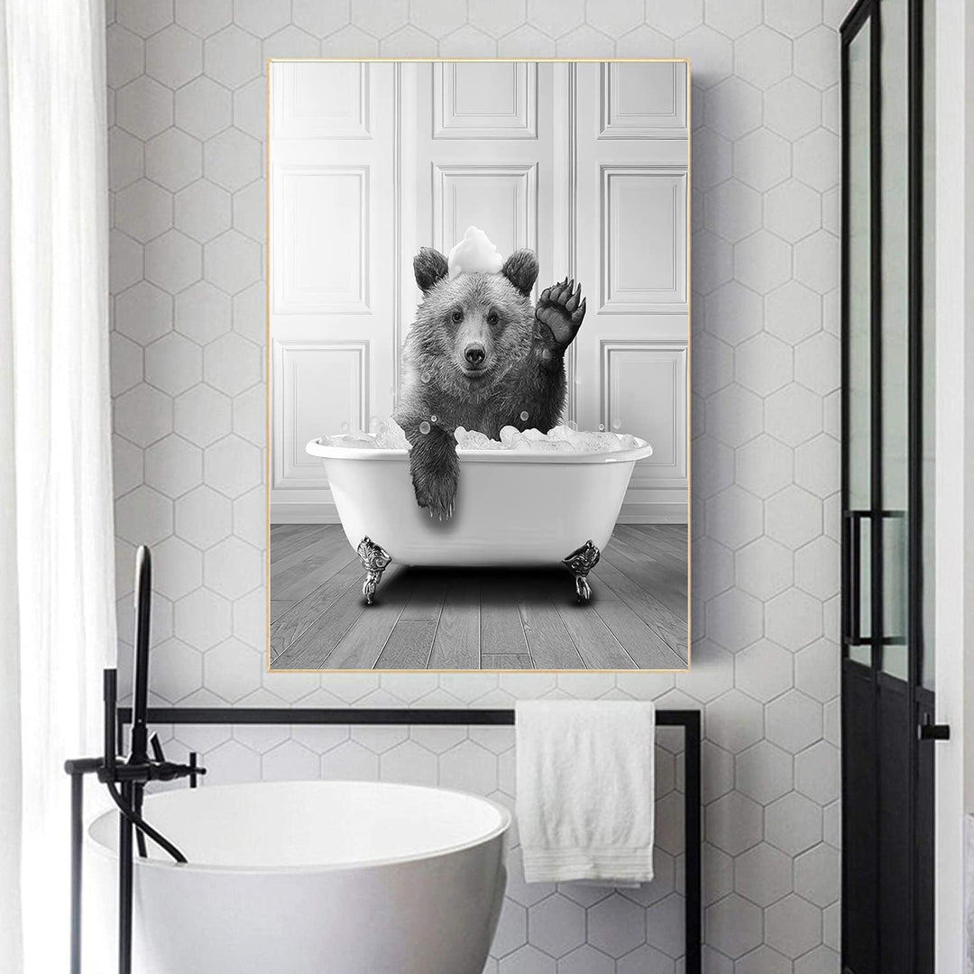WADBTP Badezimmer Bilder,Schwarz Weiss Bilde,Lustige Tier in der Badewanne Leinwand Bilder für Wohnz