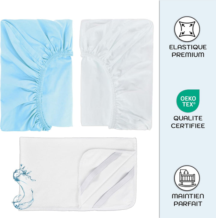 2X Spannbettlaken beistellbett 100% Baumwolle + 1X Matratzenschoner 100% wasserdichtem Material - Se