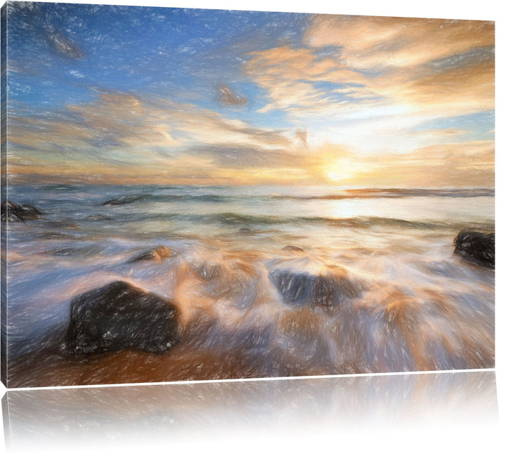 Pixxprint Sonnenuntergang am Meer als Leinwandbild/Grösse: 100x70 cm/Wandbild/Kunstdruck/fertig besp