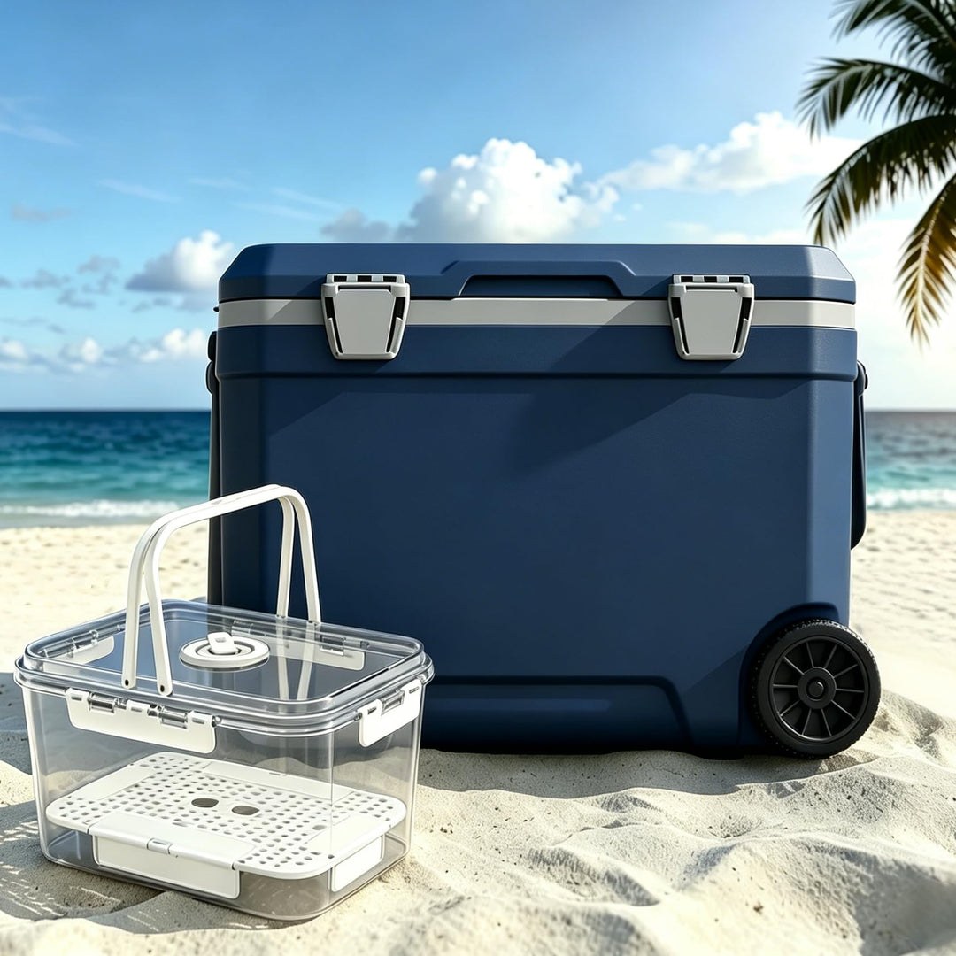 WISD 45L Kühlbox mit Rollen und Griff – Grosse Camping Kühlbox mit Metallverschlüssen & Ablaufstopfe