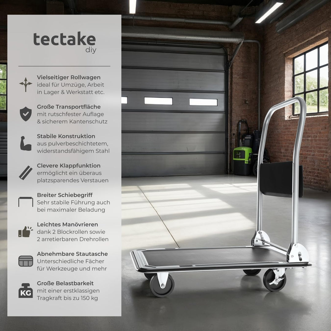 tectake® Plattformwagen 150 kg, Transportwagen klappbar, Transportroller mit Staufach, 2 Blockrollen