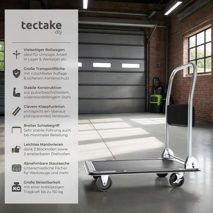 tectake® Plattformwagen 150 kg, Transportwagen klappbar, Transportroller mit Staufach, 2 Blockrollen