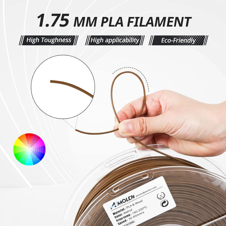 AMOLEN PLA Filament 1.75mm, Holz Nussbaum 3D Drucker Filament mit 30% Echter Holzfaser, Massgenauigk