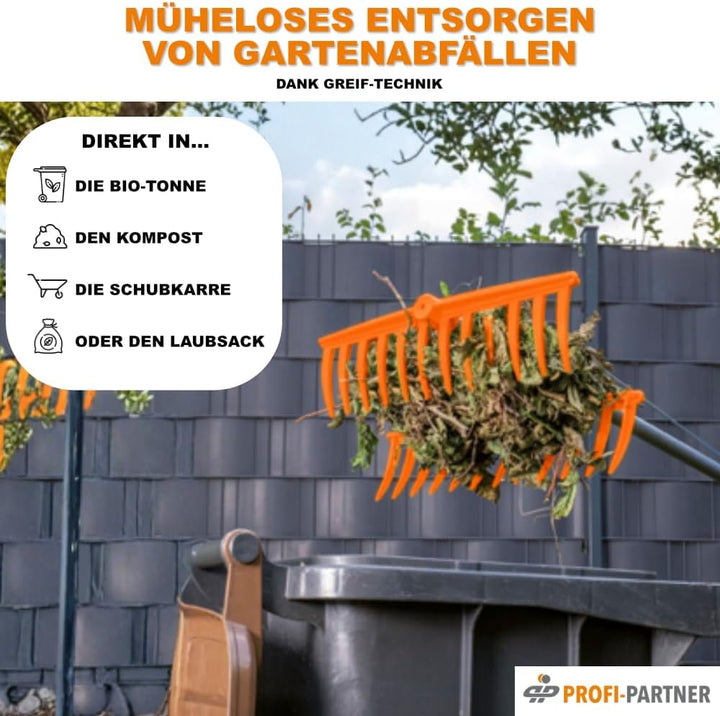 Greif-Rechen mit langem Stiel, Laubrechen mit Greiffunktion, Fächerbesen, Gartengerät zum Laub entfe