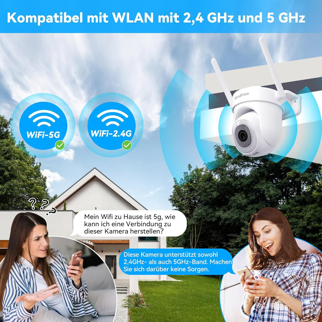 BondFree 3K 5MP Überwachungskamera Aussen, 355°/90° Schwenkbar Kamera überwachung aussen, 2,4GHz/5GH