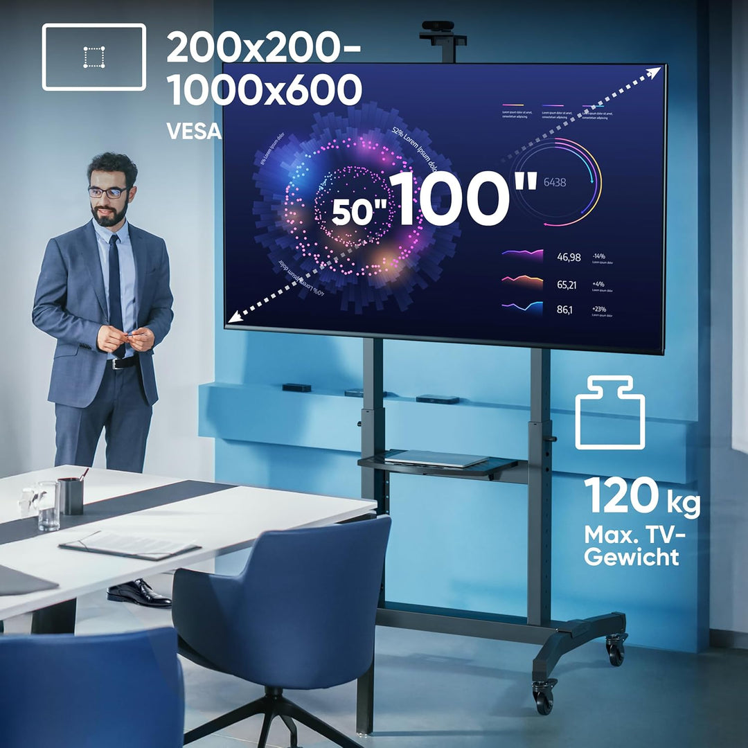 ONKRON TV Ständer rollbar für 50-100 Zoll TV bis zu 120 kg - TV Ständer höhenverstellbar & neigbar m
