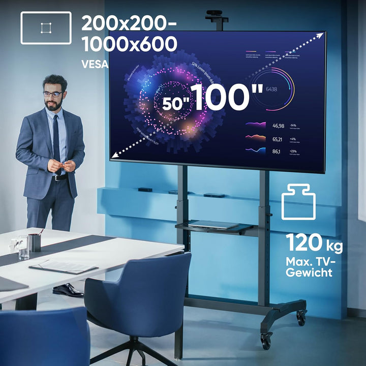 ONKRON TV Ständer rollbar für 50-100 Zoll TV bis zu 120 kg - TV Ständer höhenverstellbar & neigbar m