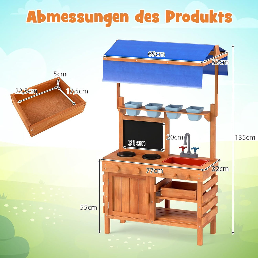 COSTWAY Matschküche Kinder Outdoor, Kinderküche Holz mit Sonnendach & Tafel & Pflanzbechern & Schauf