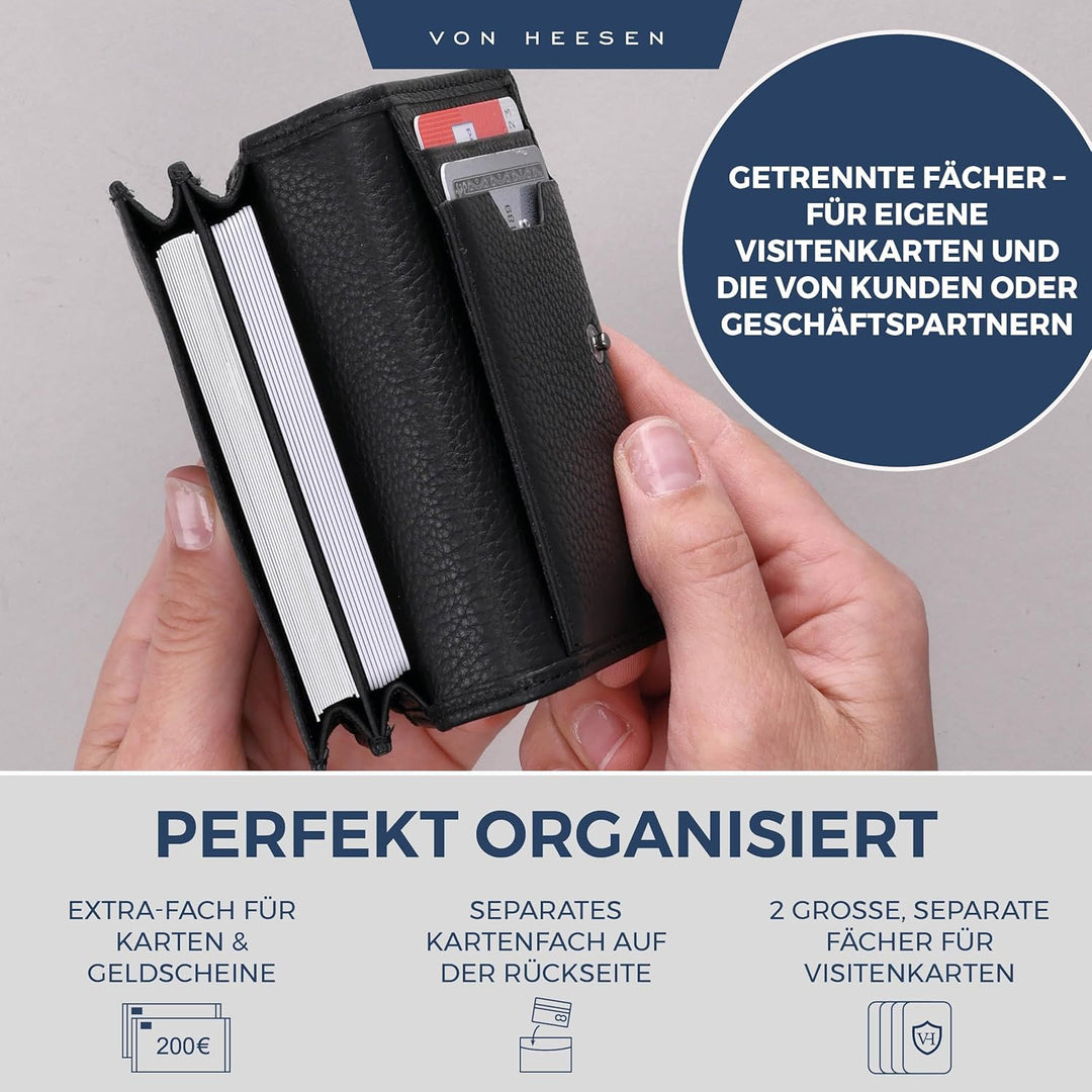 VON HEESEN® Visitenkartenetui Leder mit RFID-Schutz - Platz für 50 Visitenkarten - 6 Fächer - Visite