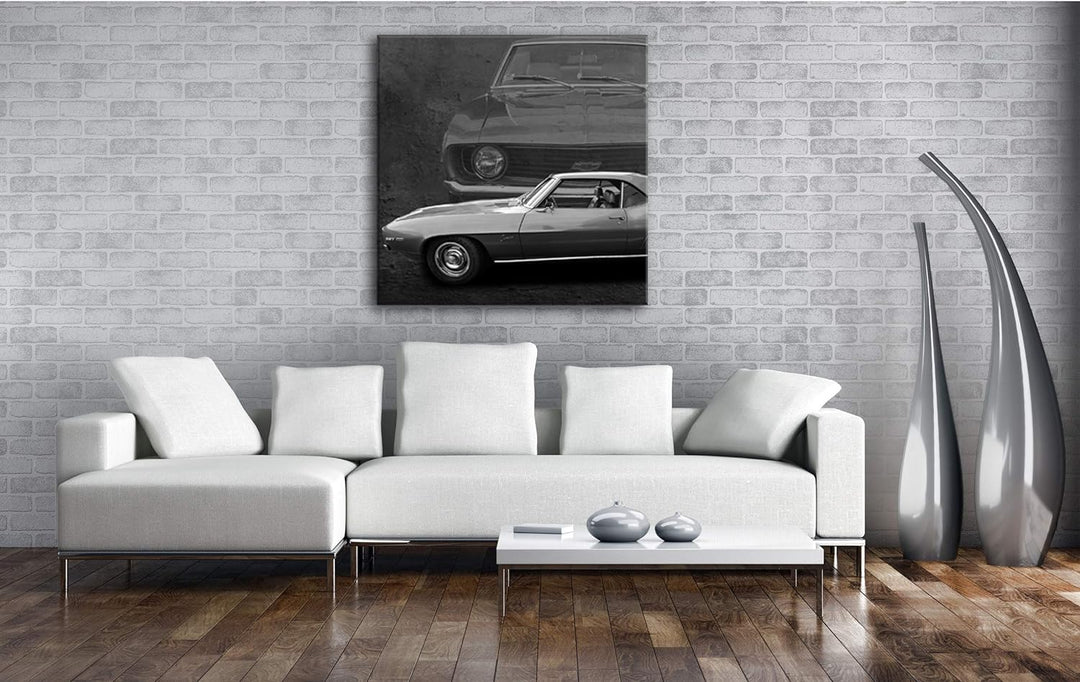 deyoli grüner Ford Chevy Format: 60x60 Effekt: Schwarz&Weiss als Leinwandbild, Motiv auf Echtholzrah