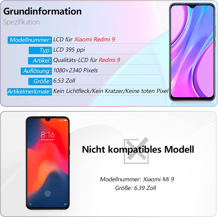 RongZy Kompatibel mit Xiaomi Redmi 9 M2004J19G M2004J19C Ersatz Bildschirm LCD Display und Touchscre