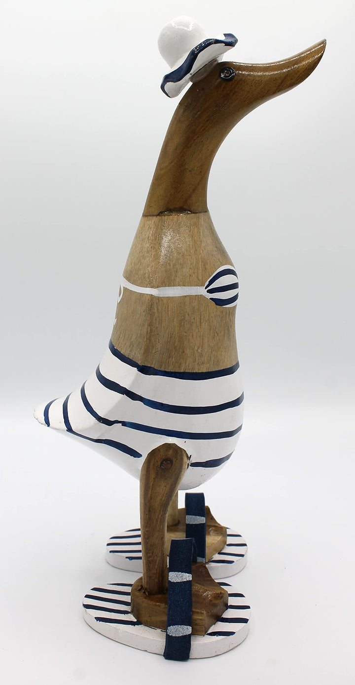Deko Ente zur Dekoration Laufente aus Holz mit Bikini 27 cm blau Weiss Geringelt