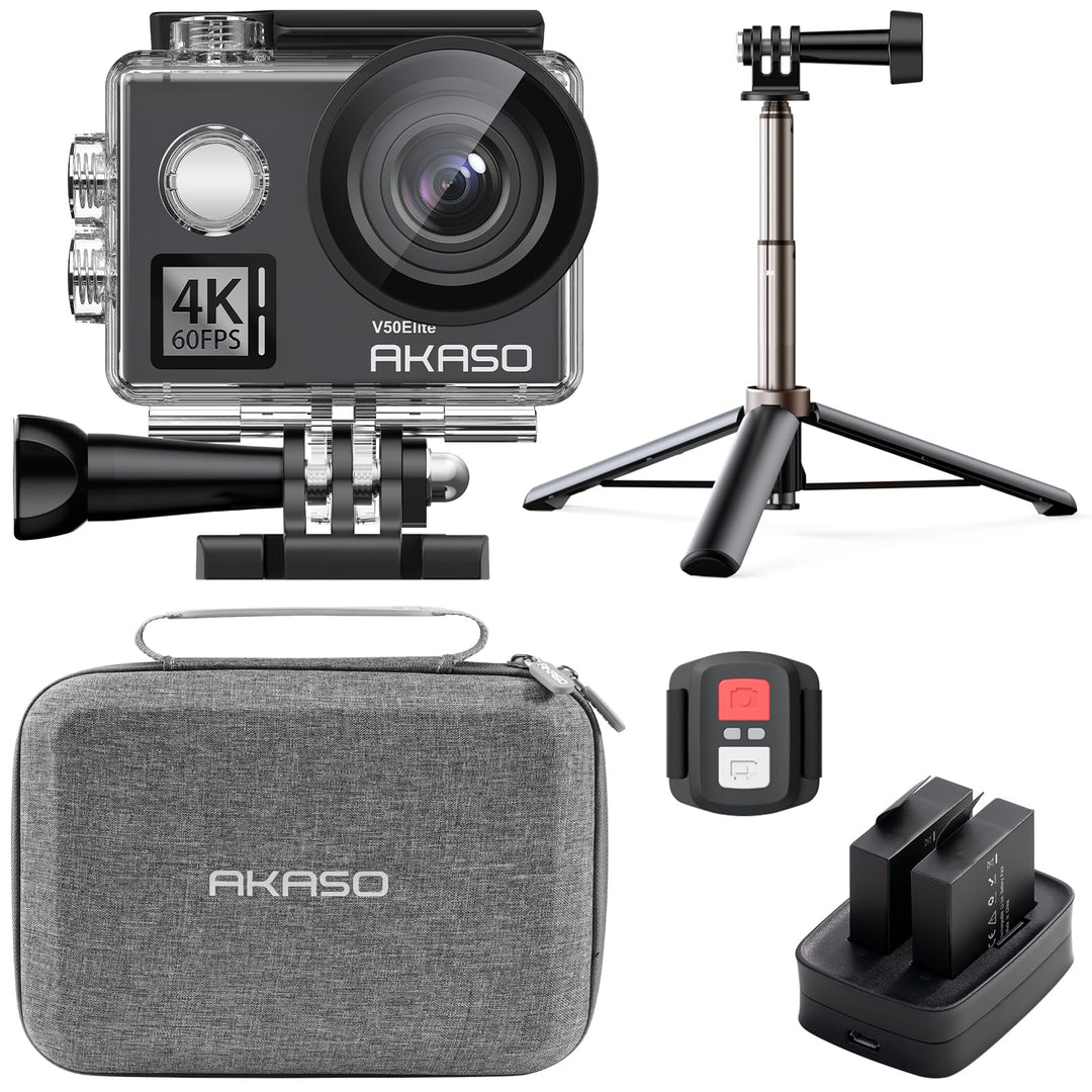 AKASO V50 Elite Action Cam,4K60FPS 20MP Unterwasserkamera mit 60cm Stativ Selfie Stick und Tasche Wi