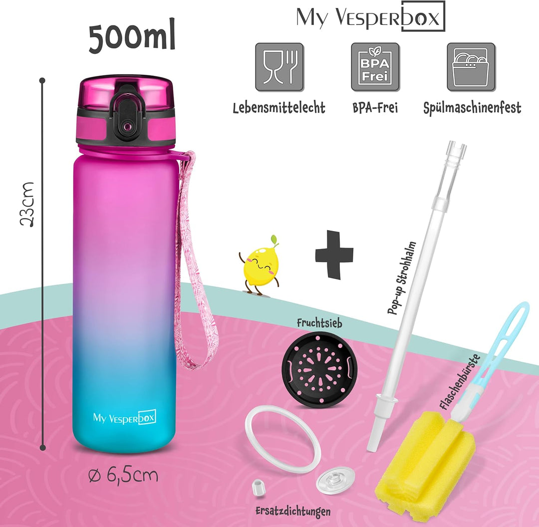 My Vesperbox – Minny - Kinder Trinkflasche auslaufsicher – 500ml – mit Strohhalm oder Sieb - leichte