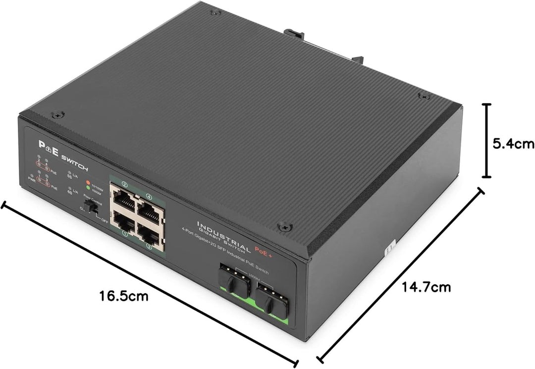 DIGITUS Industr.4-Port Gigabit PoE+ Switch W.2X SFP Uplink IEEE802.3af/at, Dinrail, erweiterter Temp