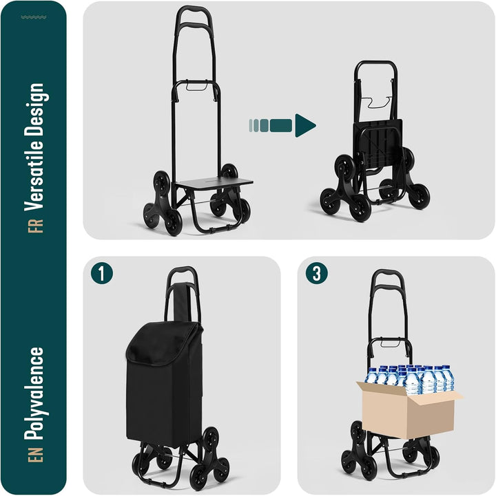 VOUNOT Einkaufstrolley Klappbar Treppensteiger, 3 Räder Einkaufswagen Faltbar, Einkaufsroller Trolly