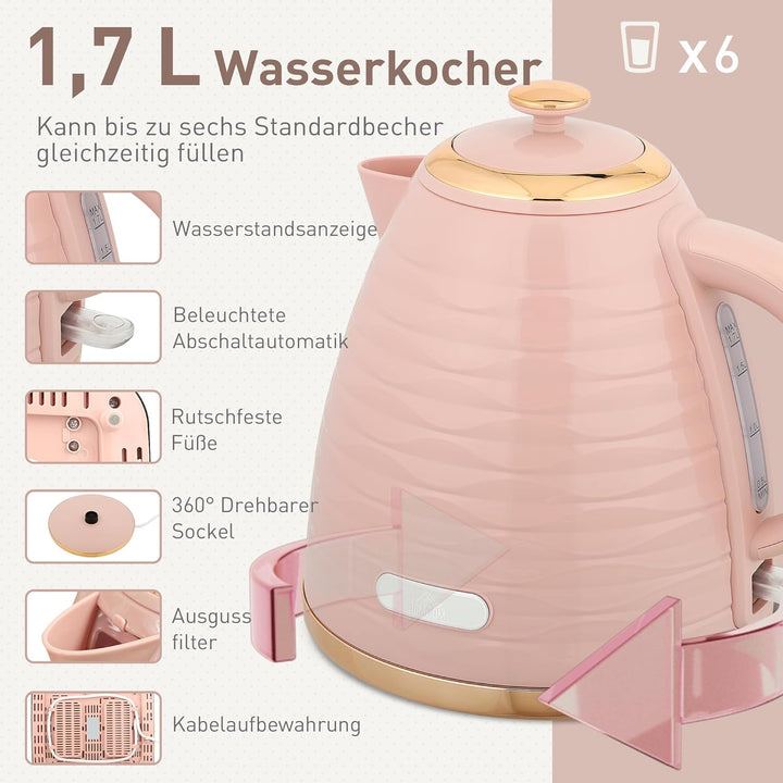 HOMCOM Wasserkocher Toaster Set Frühstück-Set mit 1,7L Wasserkocher, 4 Scheiben Toaster, 2200 W, 7 B