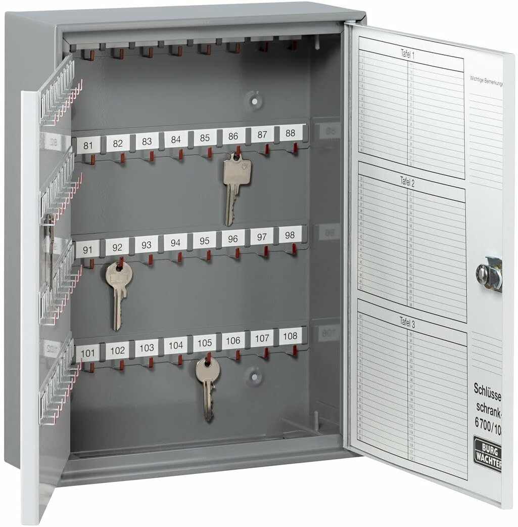 Burg-Wächter Schlüsselschrank zur Wandmontage, 108 Haken, Türanschlag rechts, Stahlblech, 6700/108 R