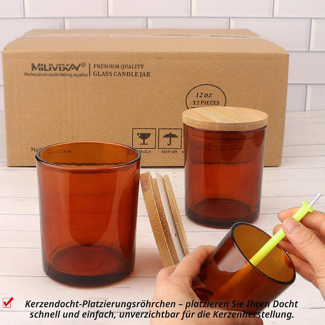 MILIVIXAY 12 Stück 340 ml bernsteinfarbene Kerzengläser mit Deckel und Kerzenherstellungs-Sets – lee