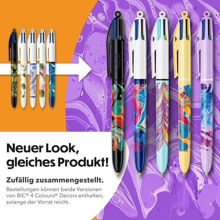 BIC 4 Farben Kugelschreiber Set 4 Colours Dekor Botanik, verschiedene Designs, 5er Pack, nachfüllbar