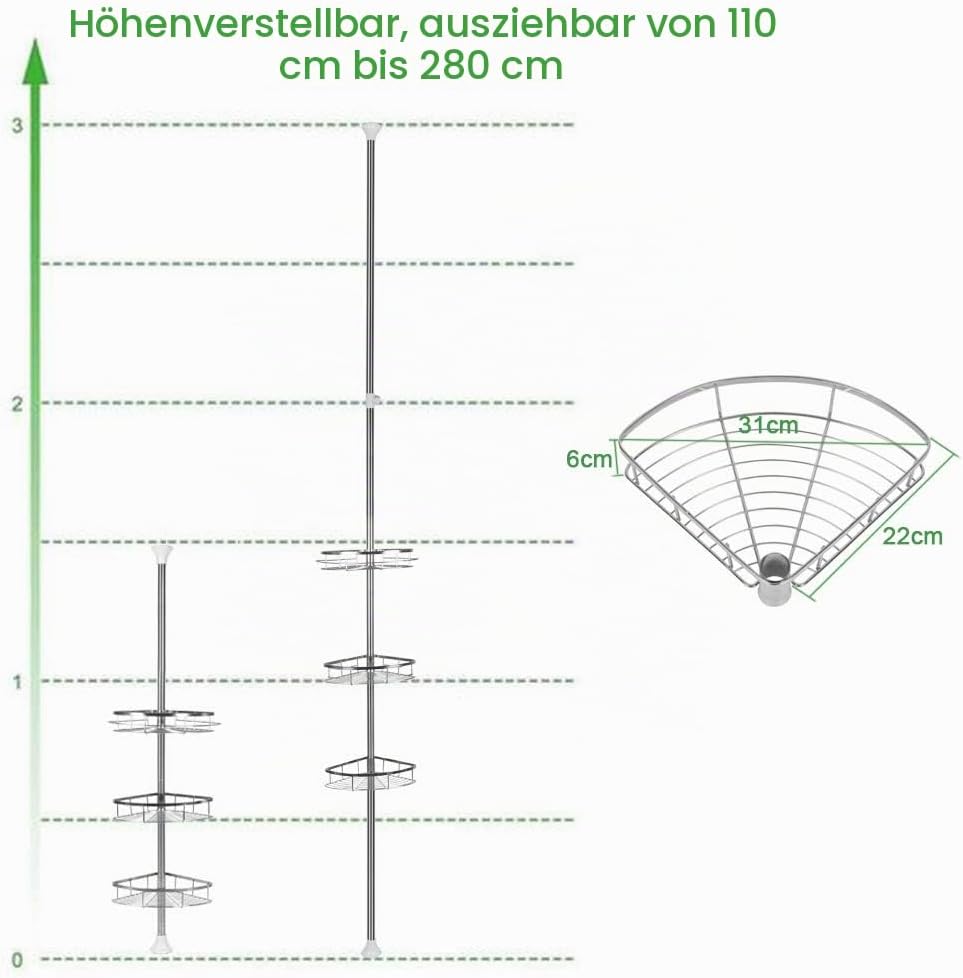 Duschregal Teleskop Ohne Bohren mit 3/4 Duschkorb Ecke Rutschfestes Stabiles Badezimmer Regal Aus Me