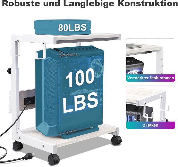 Höhenverstellbarer PC Ständer mit Rollen, 2 Haken, 2-stufig | Computer Tower Ständer, Druckerständer